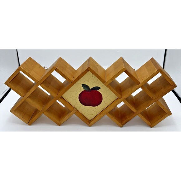 Vintage Wooden Diamond Shaped Wall Shelf Spice Rack  Apple Themed 10 Cutouts 17” - Picture 1 of 13